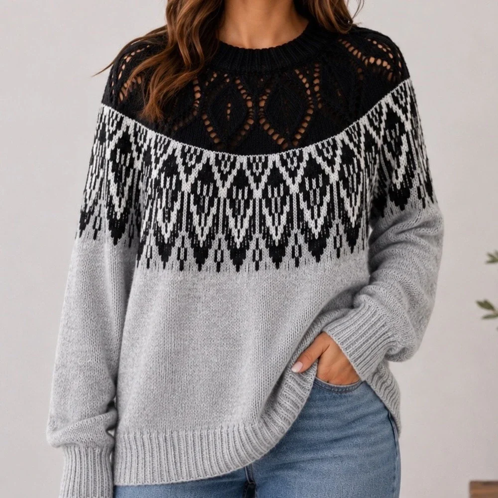 Crown & Ivy Large Fair Isle Sweater Balloon Sleeve Nordic Eyelet Fisherman Grey